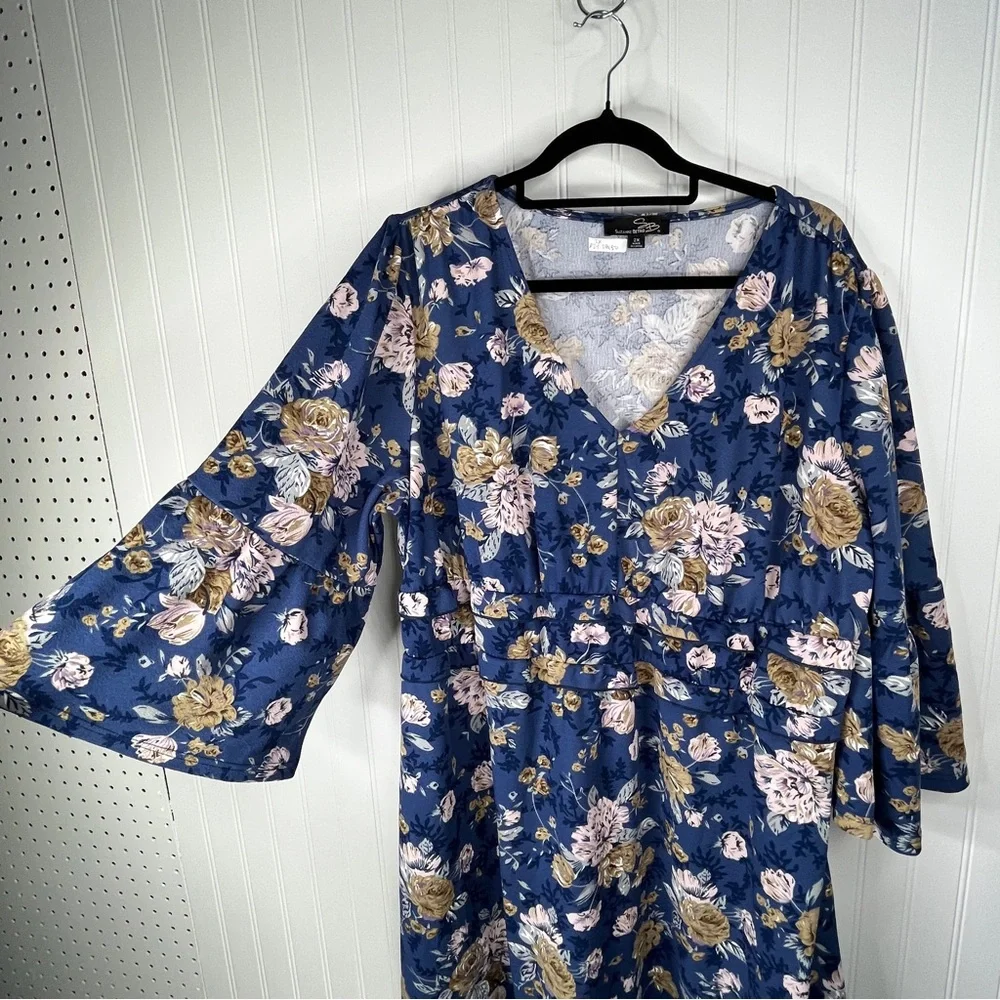 Suzanne Betro Navy Floral Wrap Maxi Dress Ruffle Hem Long Sleeve Plus 2X Boho - Picture 3 of 7